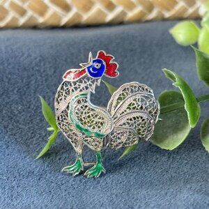 Vintage Sterling Filigree Enamel Rooster Pin Brooch
